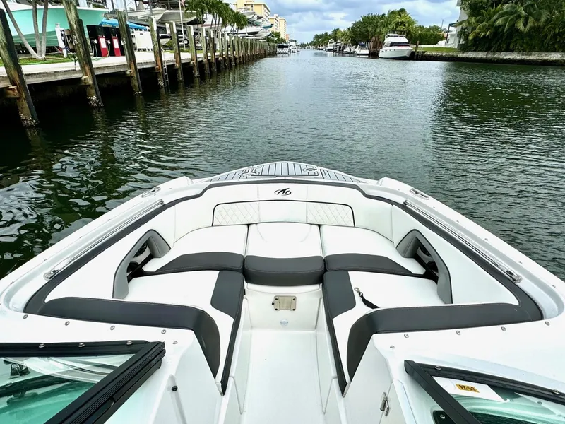 Slide: The Image of Monterey M-45 boat, 2018 model, cruising on a scenic waterway. - 2