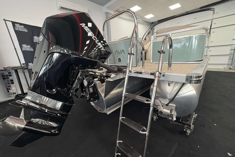 Slide: The Image of 2026 Avalon 2385 LSZ pontoon boat with Mercury outboard motor and boarding ladder. - 10
