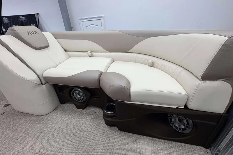 Slide: The Image of Luxurious seating in 2026 Avalon 2385 LSZ boat, featuring premium upholstery and integrated speakers. - 17
