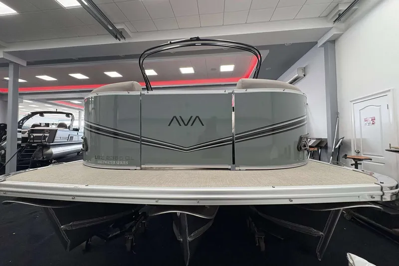 Slide: The Image of 2026 Avalon 2385 LSZ pontoon boat in showroom, front view. - 6