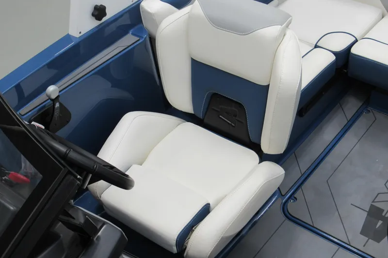 Slide: The Image of 2021 Axis A20 boat interior with white and blue seating. - 12