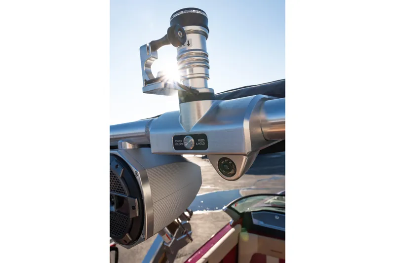 Slide: The Image of 2022 MasterCraft X24 boat tower with speaker and camera in sunlight. - 15