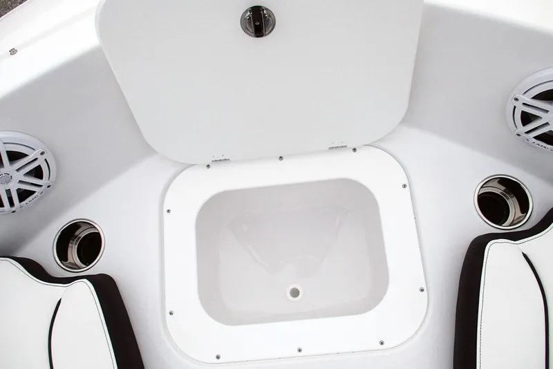 Slide: The Image of 2026 Stingray 191 DC boat interior with storage compartment and speakers. - 12