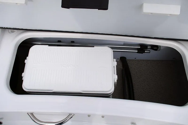 Slide: The Image of 2026 Stingray 191 DC boat storage compartment with white cooler inside. - 19