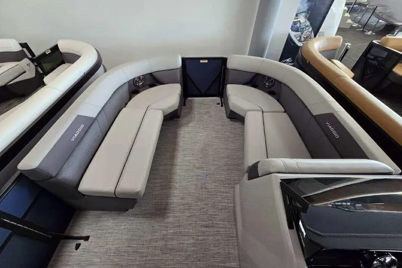 Slide: The Image of Luxurious interior of 2026 Viaggio V20C boat with plush seating. - 2