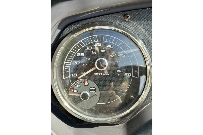 Slide: The Image of Speedometer of 2022 Godfrey Sweetwater 2286 C, showing MPH and battery gauge. - 9
