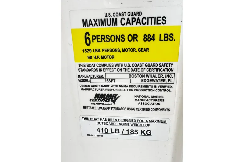 Slide: The Image of 2023 Boston Whaler 160 Super Sport capacity label, 6 persons or 884 lbs, 90 HP motor. - 15