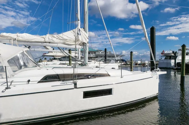 Slide: The Image of 2021 Beneteau Oceanis 30.1 sailboat docked at marina under blue sky. - 68