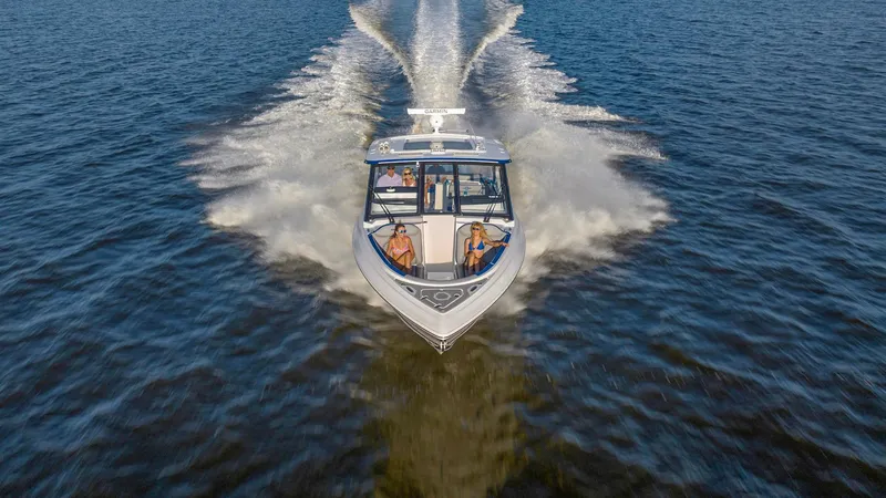 Slide: The Image of 2025 Fountain 39 DX boat cruising on open water, aerial view. - 18