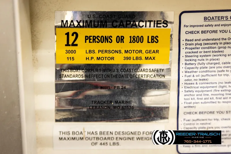 Slide: The Image of 2008 Sun Tracker Party Barge 24 capacity label, 12 persons or 1800 lbs, safety guidelines. - 43