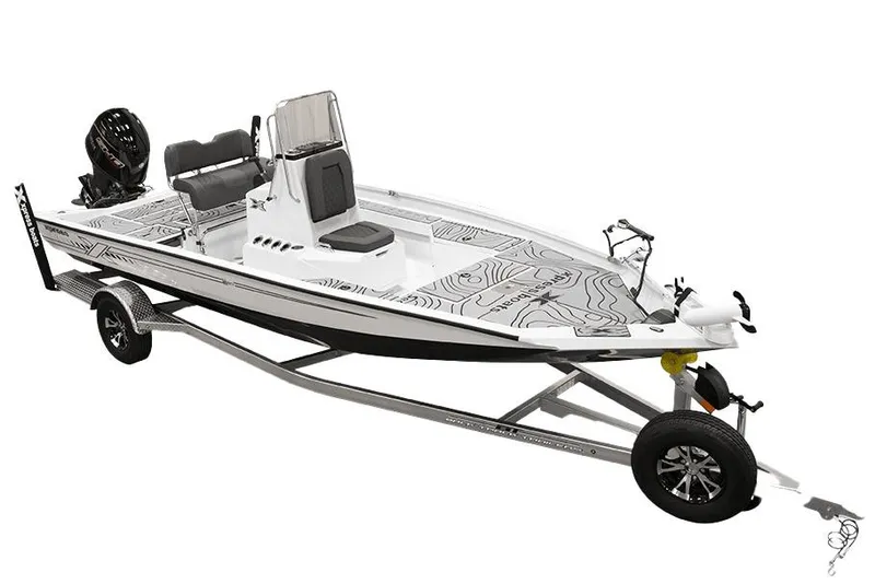Slide: The Image of 2026 Xpress H20B Bay boat interior with open storage compartment and stylish blue accents. - 7