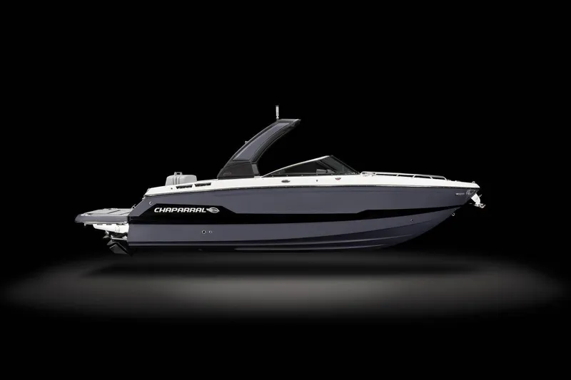 Slide: The Image of Manufacturer Provided Image: Manufacturer Provided Image: 2025 Chaparral 267 SSX boat, sleek design, side view on black background. - 10