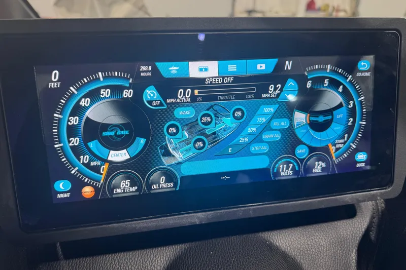Slide: The Image of Dashboard display of a 2019 Malibu Wakesetter 21 MLX boat, showing speed and engine metrics. - 17