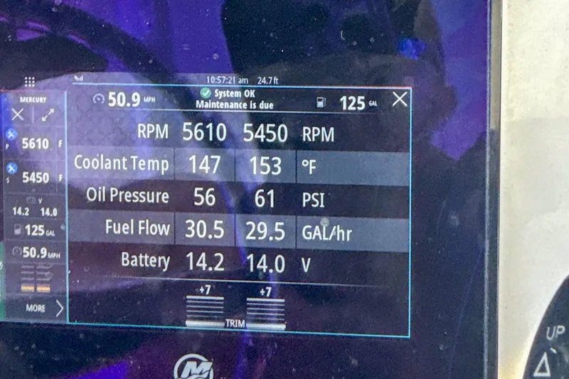 Slide: The Image of Dashboard display of 2024 Ocean Runner 34 Center Console showing speed, RPM, and fuel data. - 15