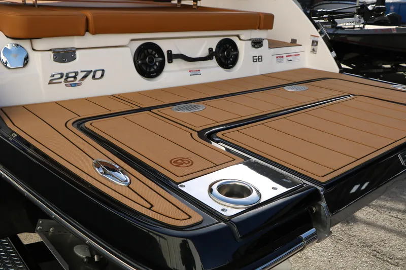 Slide: The Image of 2025 Chaparral 2870 SSX boat deck with sleek design and premium features. - 10