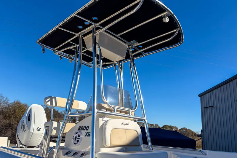 Slide: The Image of 2026 Bulls Bay 2200 XS boat with T-top and Suzuki engine, under clear blue sky. - 10