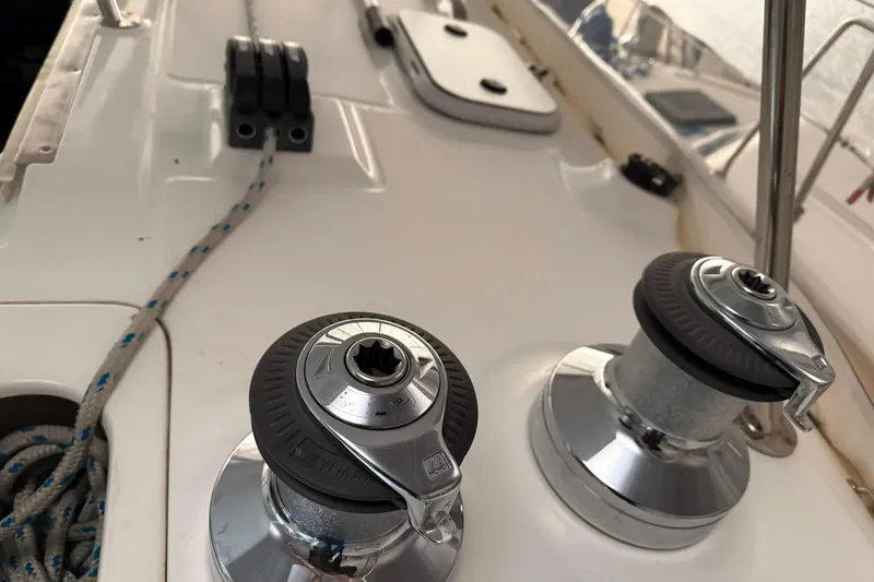 Slide: The Image of Deck of 2005 Hunter 46LE sailboat with winches and ropes. - 4