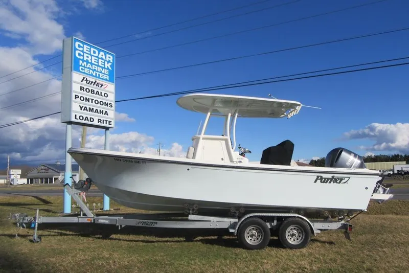 Slide: The Image of 2022 Parker 2300 Special Edition boat on trailer at Cedar Creek Marine Center. - 1