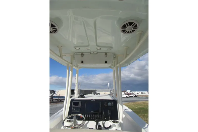 Slide: The Image of 2022 Parker 2300 Special Edition boat console with speakers and navigation equipment. - 20