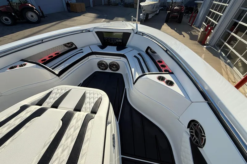 Slide: The Image of Luxurious interior of 2021 MTI 42V boat with sleek seating and modern audio system. - 20
