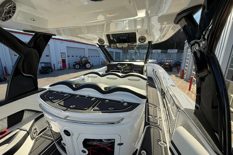 Slide: The Image of 2021 MTI 42V boat interior with sleek design, advanced controls, and modern amenities. - 27