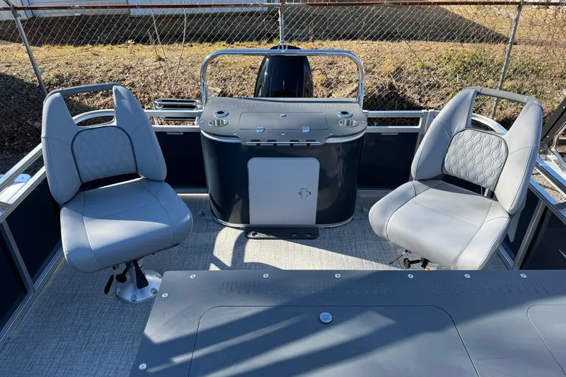 Slide: The Image of 2026 Tahoe Pontoon Sport 85 Rear Fish with comfortable seating and fishing setup. - 2