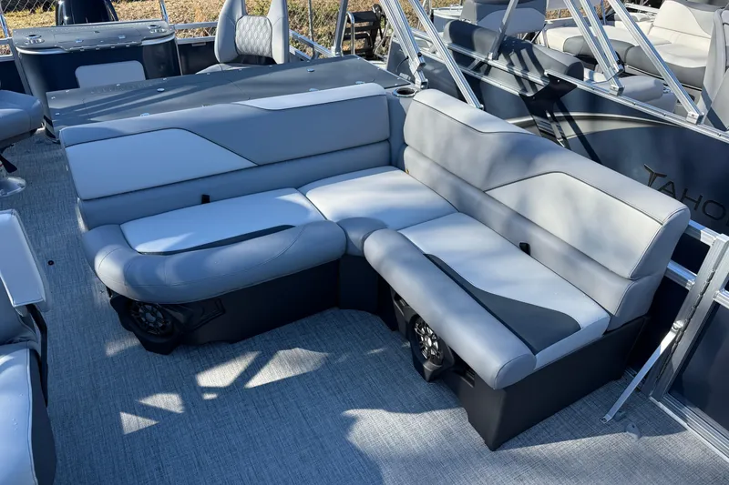 Slide: The Image of 2026 Tahoe Pontoon Sport 85 Rear Fish with stylish gray seating and modern design. - 3