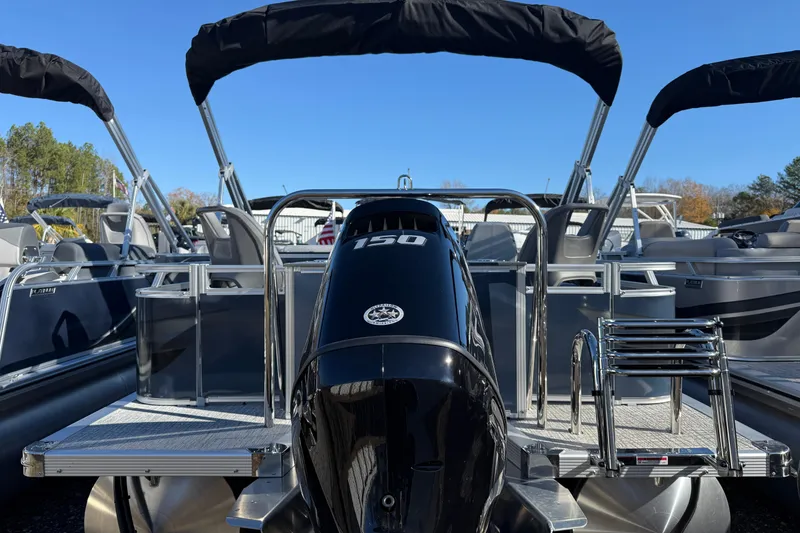 Slide: The Image of 2026 Tahoe Pontoon Sport 85 Rear Fish with powerful outboard motor. - 9