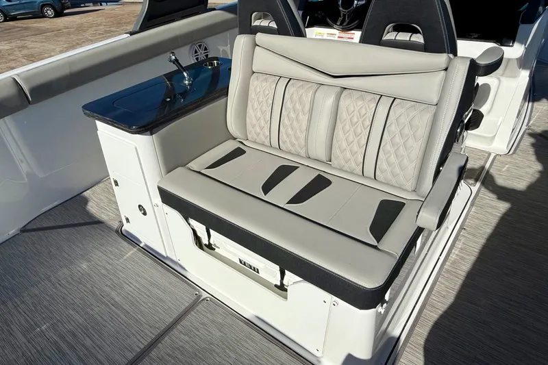 Slide: The Image of Luxurious seating in the 2026 Monterey Elite 30 OB boat. - 10