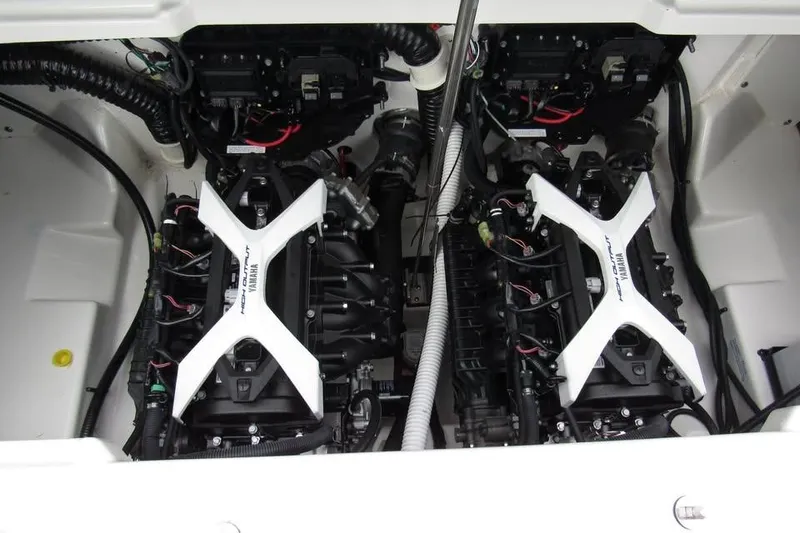 Slide: The Image of 2025 Yamaha Boats AR250 engine compartment showcasing dual high-performance engines. - 5