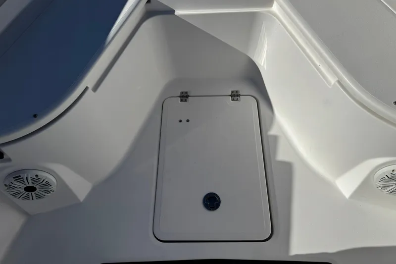 Slide: The Image of 2021 Sea Fox 268 Commander boat interior with storage compartment and speakers. - 19