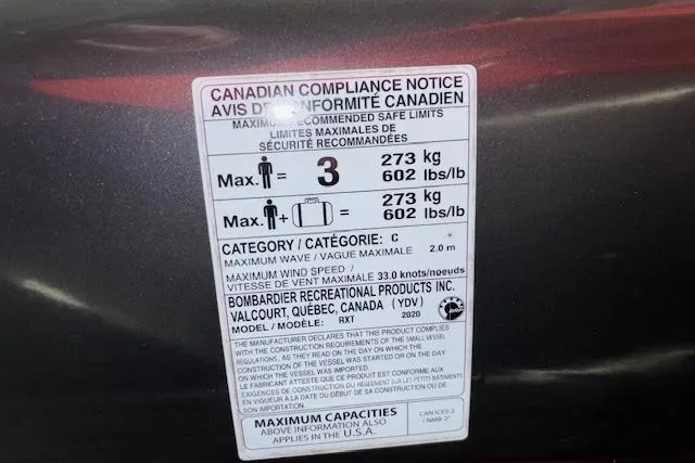 Slide: The Image of Canadian compliance notice on 2020 Sea-Doo RXT-X 300, detailing weight and capacity limits. - 17