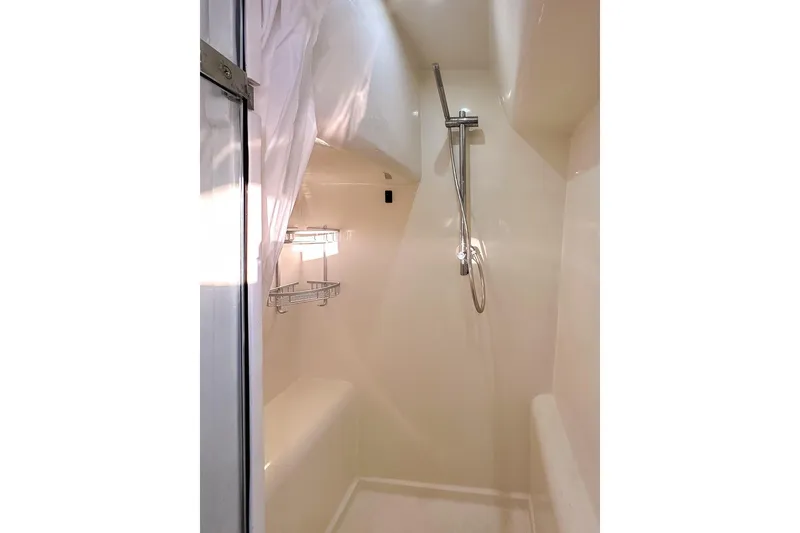Slide: The Image of The shower features a handheld showerhead, built in storage rack, and a sitting area - 19