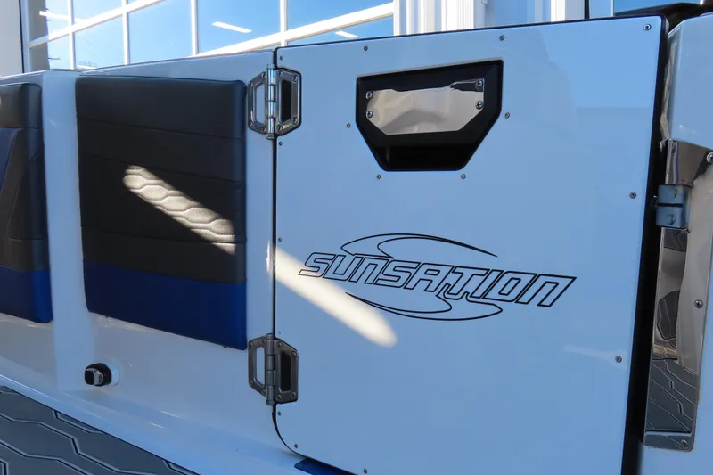Slide: The Image of 2021 Sunsation Powerboats 40CCX, sleek design with logo on side panel. - 16