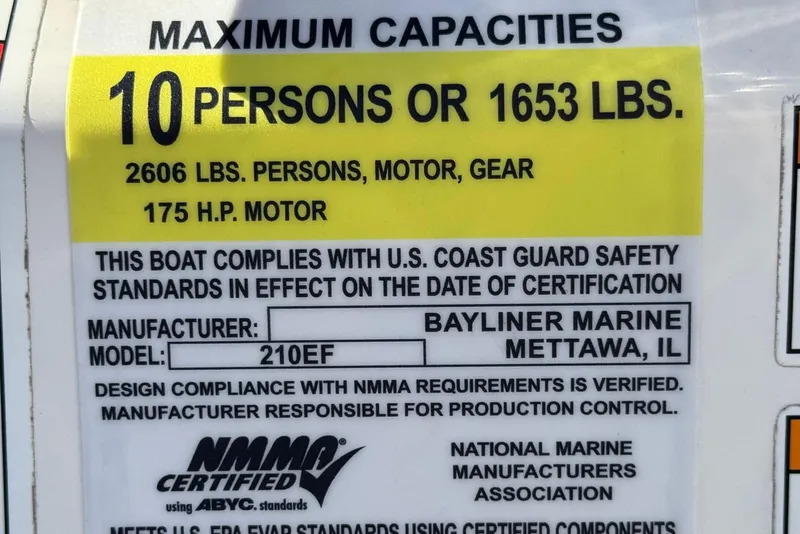 Slide: The Image of 2021 Trophy T21 Bay boat capacity label, 10 persons or 1653 lbs, 175 HP motor. - 24