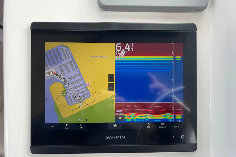 Slide: The Image of Garmin marine GPS display on 2022 Parker 2320 Sport Cabin boat, showing Chula Vista Harbor map. - 14