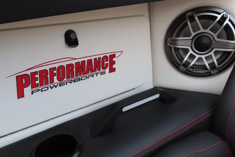 Slide: The Image of Interior of 2025 Performance Powerboats P420 with speaker and logo detail. - 18