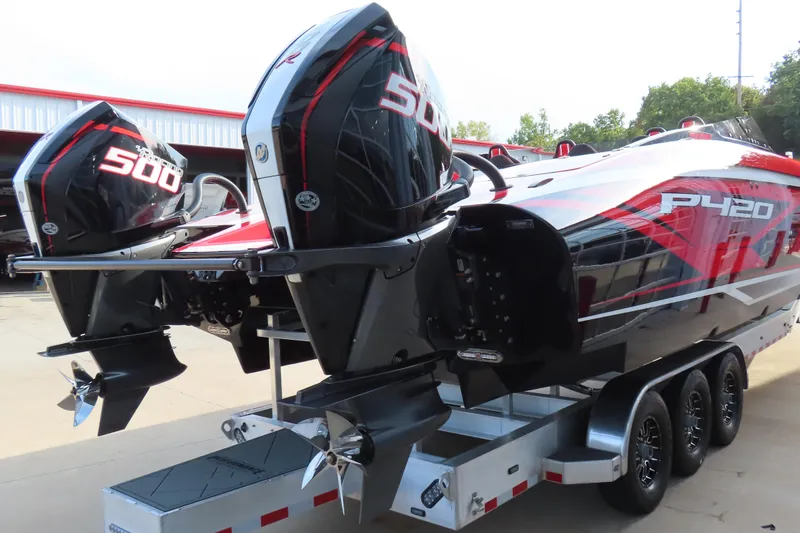 Slide: The Image of 2025 Performance Powerboats P420 with dual 500 engines on a trailer. - 4