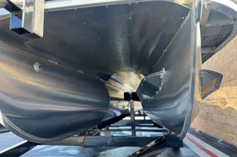 Slide: The Image of Underneath view of 2026 Berkshire 22UL CTS pontoon boat, showcasing sleek aluminum construction. - 4