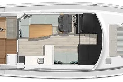 Slide: The Image of Top view of 2019 Riviera 395 SUV interior layout, showcasing seating and helm area. - 33