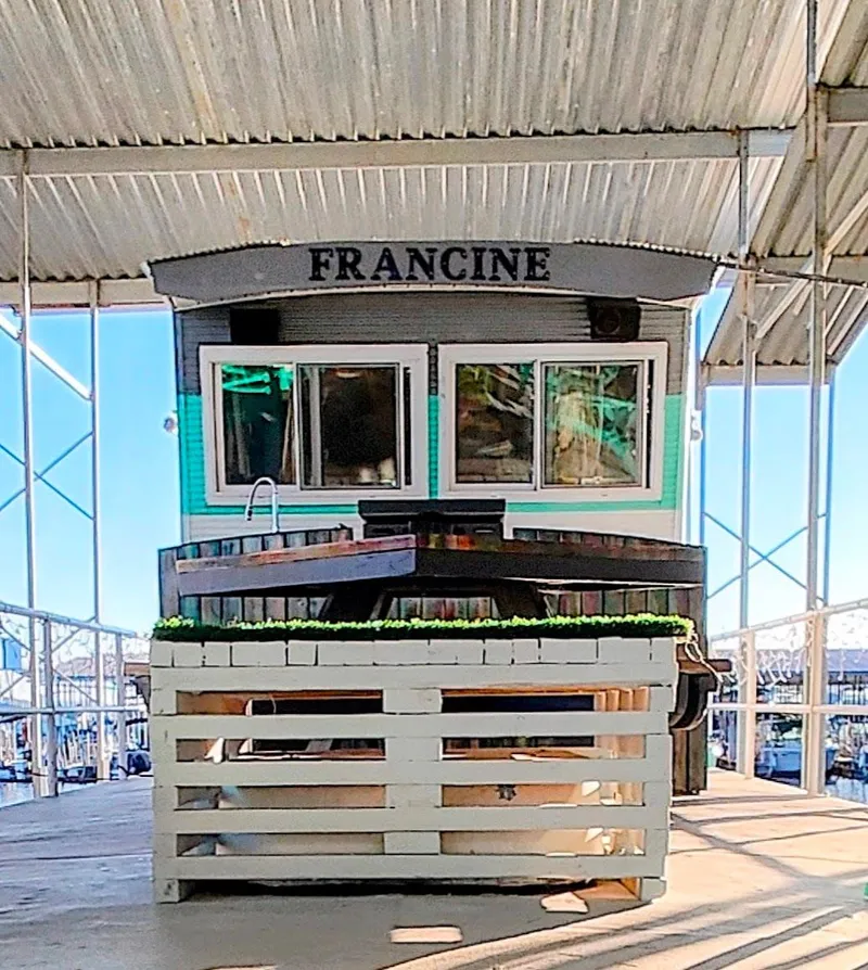 Slide: The Image of Houseboat Francine, Kelly 62', 1964 model, docked in harbor. - 10