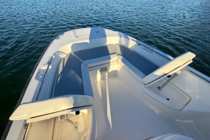 Slide: The Image of 2016 Boston Whaler 270 Dauntless boat interior with cushioned seating on calm water. - 50