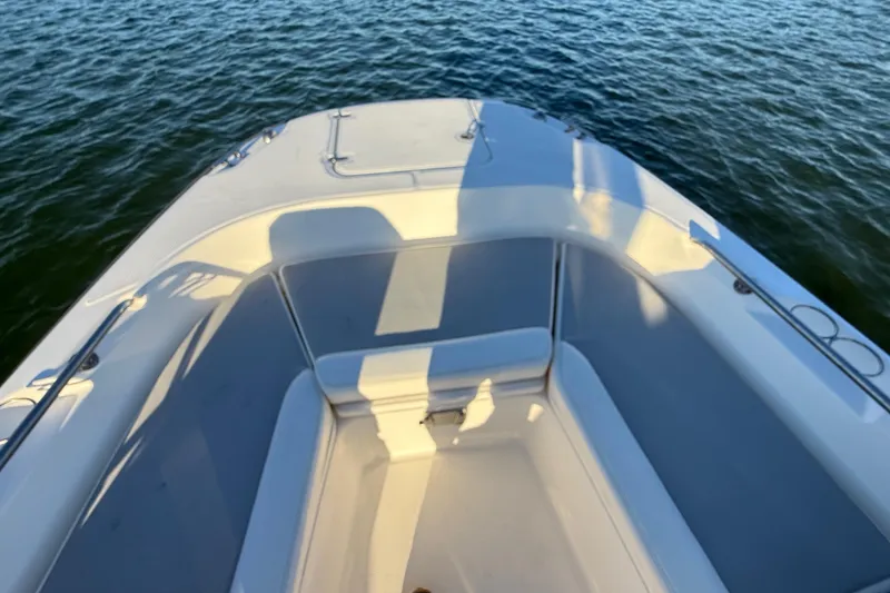 Slide: The Image of 2016 Boston Whaler 270 Dauntless boat bow, on calm water, sunny day. - 51
