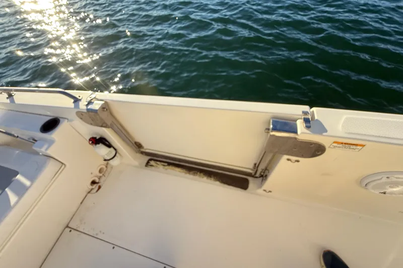 Slide: The Image of 2016 Boston Whaler 270 Dauntless boat interior with open side door, near water. - 55