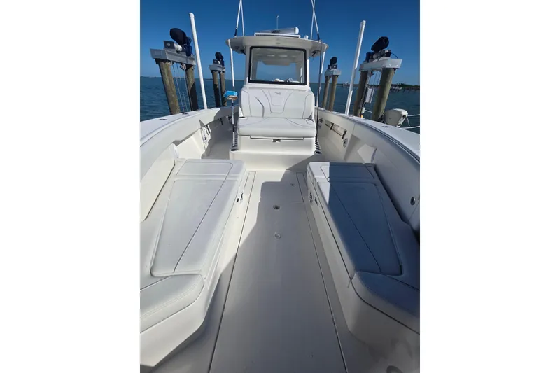 Slide: The Image of 2024 SeaVee 420Z boat interior with spacious seating and sleek design. - 10