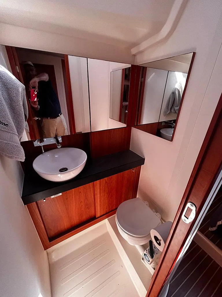Slide: The Image of Bathroom in 2016 Hanse 455 sailboat with sink and toilet. - 19