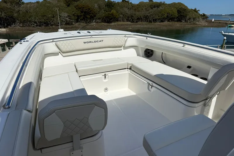 Slide: The Image of 2026 World Cat 280 CC-X boat interior with spacious seating and elegant design. - 17
