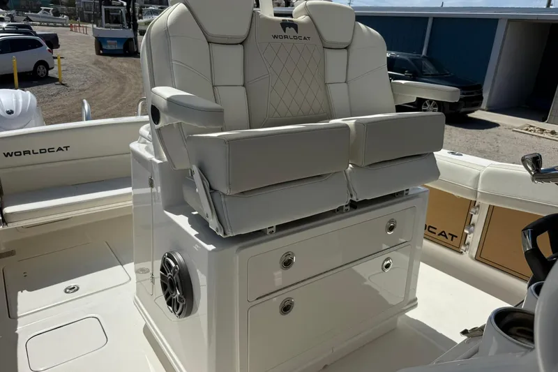 Slide: The Image of 2026 World Cat 280 CC-X boat interior with luxurious seating and storage compartments. - 20