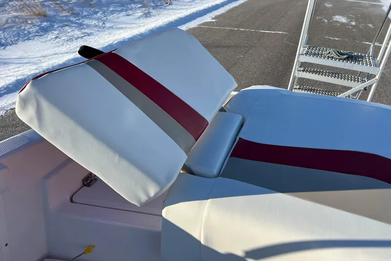Slide: The Image of 2010 Chaparral 216 SSi boat seat with red and gray stripes, snowy background. - 32