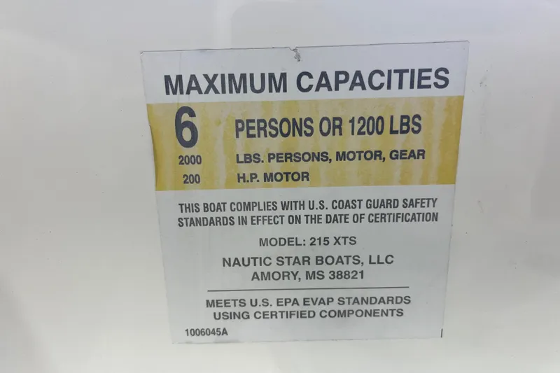 Slide: The Image of 2023 NauticStar 215 XTS capacity label, 6 persons or 1200 lbs, U.S. Coast Guard compliant. - 20